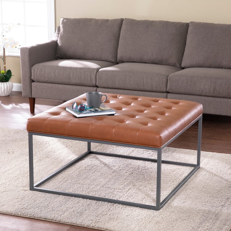 SEI Furniture Healy Faux Leather Tufted Ottoman - Saddle Brown