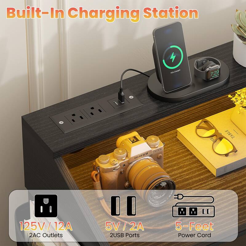 Dresser for Bedroom 9 Fabric Drawers Chest with Power Outlet LED Light
