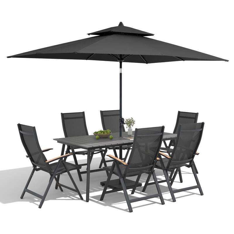 9/11-Piece Outdoor Patio Dining Set Aluminum Dining Table and Folding Chairs w/10 ft Umbrella and Base