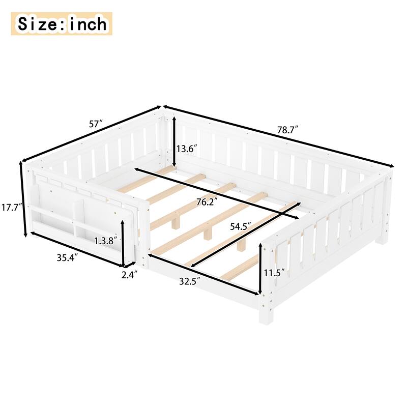 Montessori Floor Bed Low Profile Kids Bed with Rails & Bookshelf