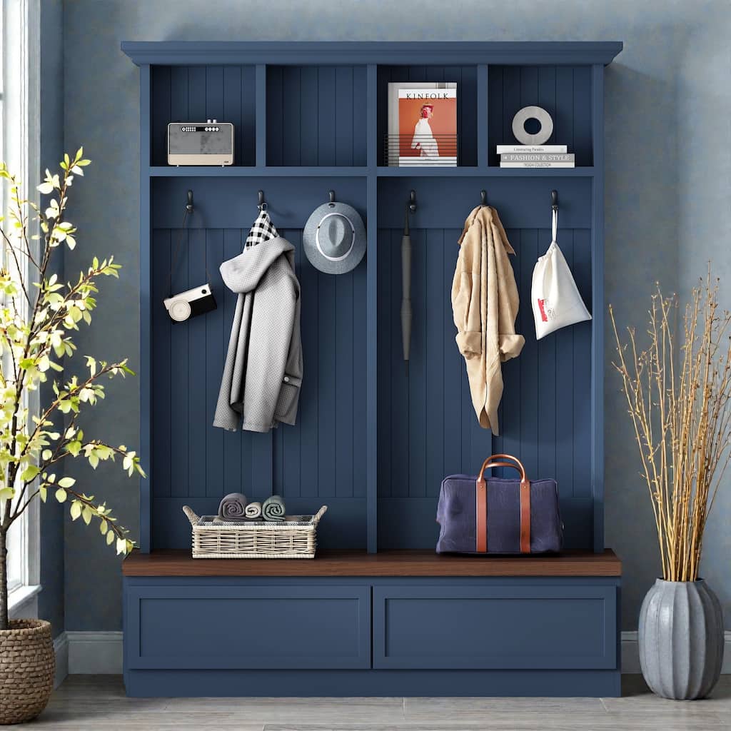 Farmhouse Entryway Hall Tree with Wood Bench, 2 Drawers, 6 Hooks and Open Shelves, Mudroom Organizer