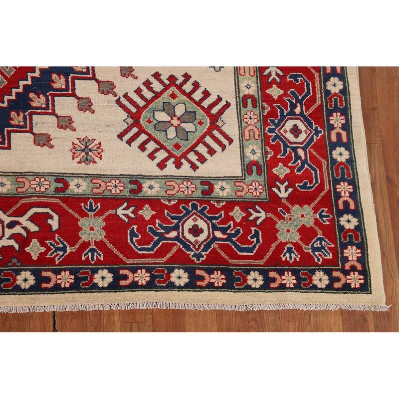 Geometric Kazak Area Rug Hand-Knotted Beige Oriental Wool Carpet - 6'9" x 9'9"