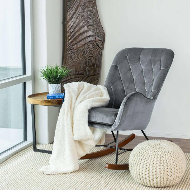 Rocking Chair with Thick Cushioned Seat, Glider Chair with High Backrest, Lounge Armchair with Solid Wood Legs