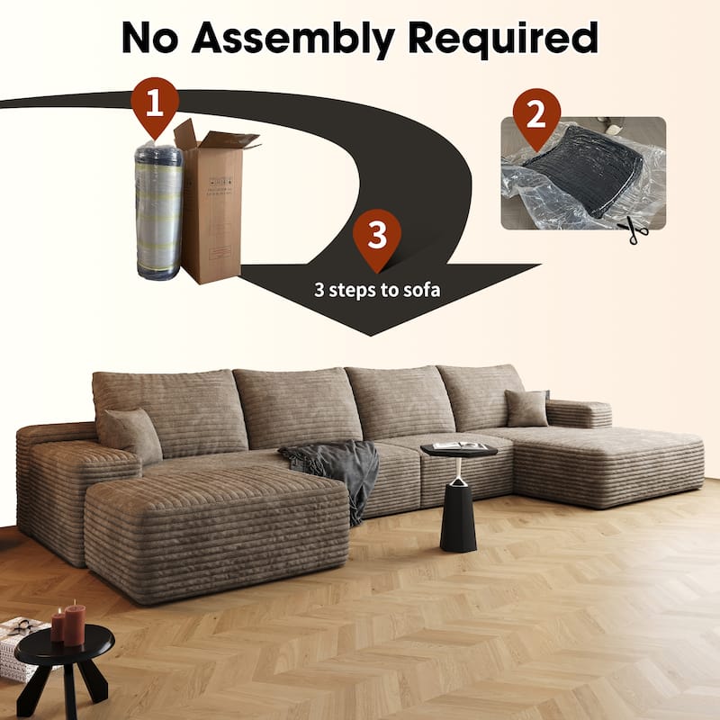 U Shaped Cloud Sectional Sofa with Chaise Lounge & Ottoman, Corduroy Upholstered 5 Seat Sofa, Modular Deep Seat Corner Sofa