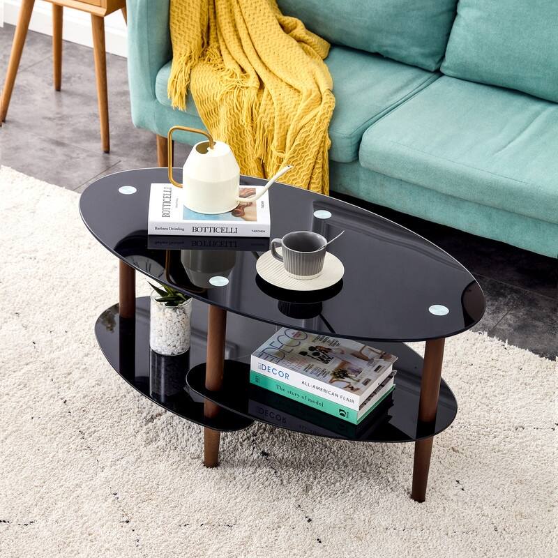 Modern 3-Tier Oval Glass Coffee Table - Black