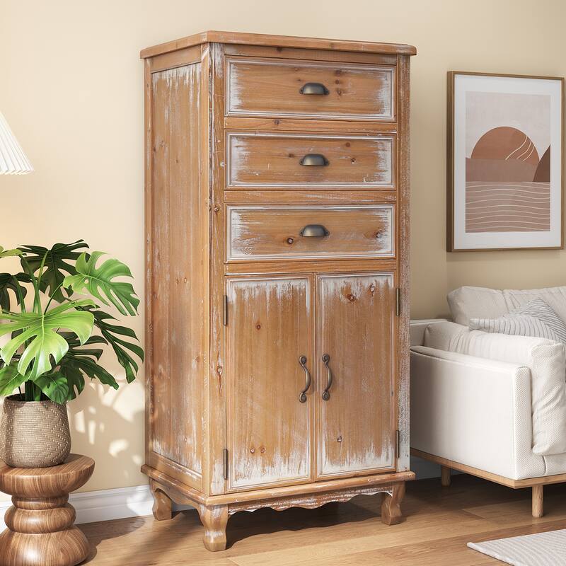 Rustic Wooden Storage Cabinet with Decorative Cutout Door & 3 Drawers, Tall Narrow Organizer for Living Room, Bedroom