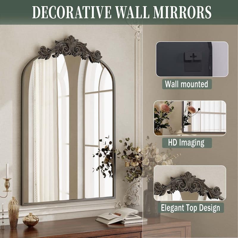 Metal Arch-top Bathroom Mirror with Baroque flower