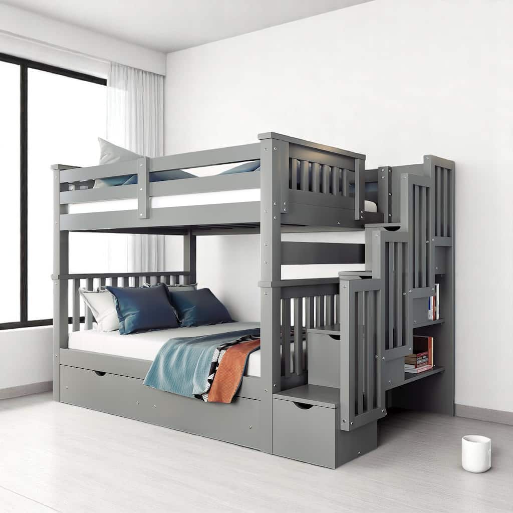 Full Over Full Bunk Bed with Storage Drawers and Shelves, Convertible Staircase Bunk Beds with Guardrails,No Box Spring Required