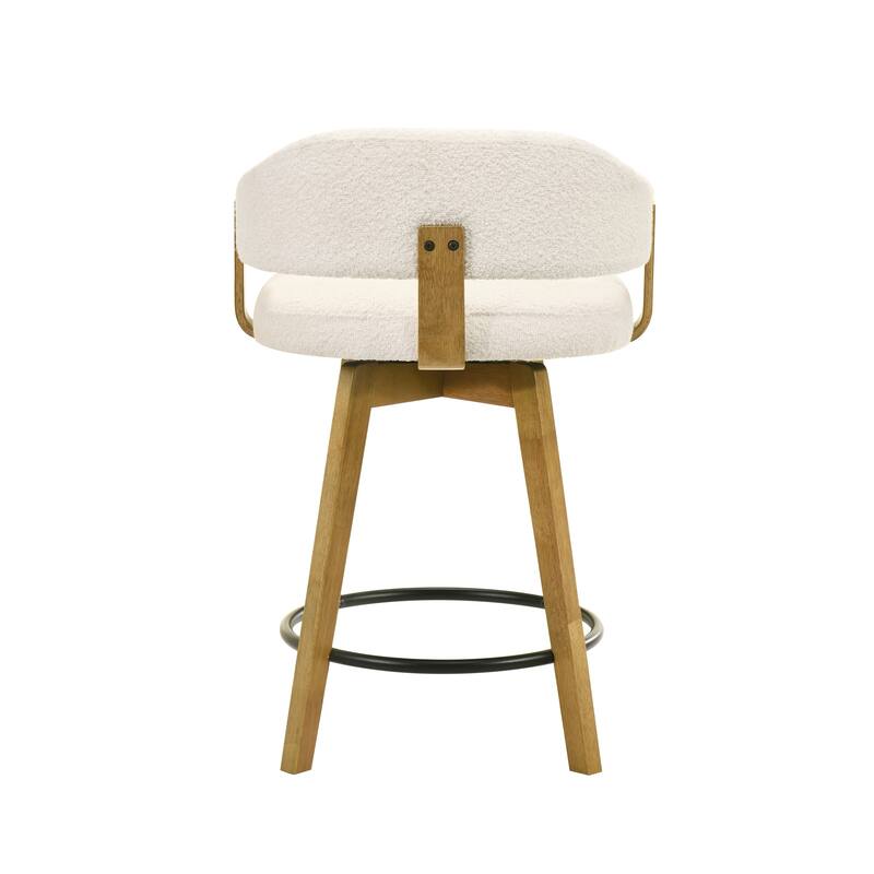 Callah Natural Wood Bar Stool, Counter Height Kitchen Stool in Amber Glow Finish with White Boucle Fabric Upholstered Seat
