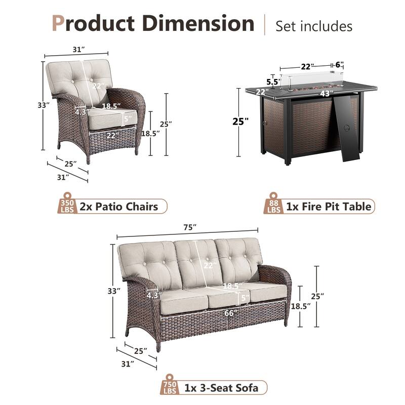 Pocassy Outdoor 43 In Fire Table with Sofa Patio Swivel Chair Set