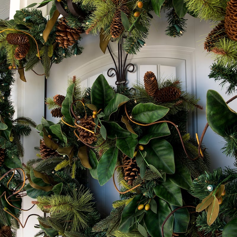 30 in. Holiday Wreath with Lights - Magnolia Leaf - Green