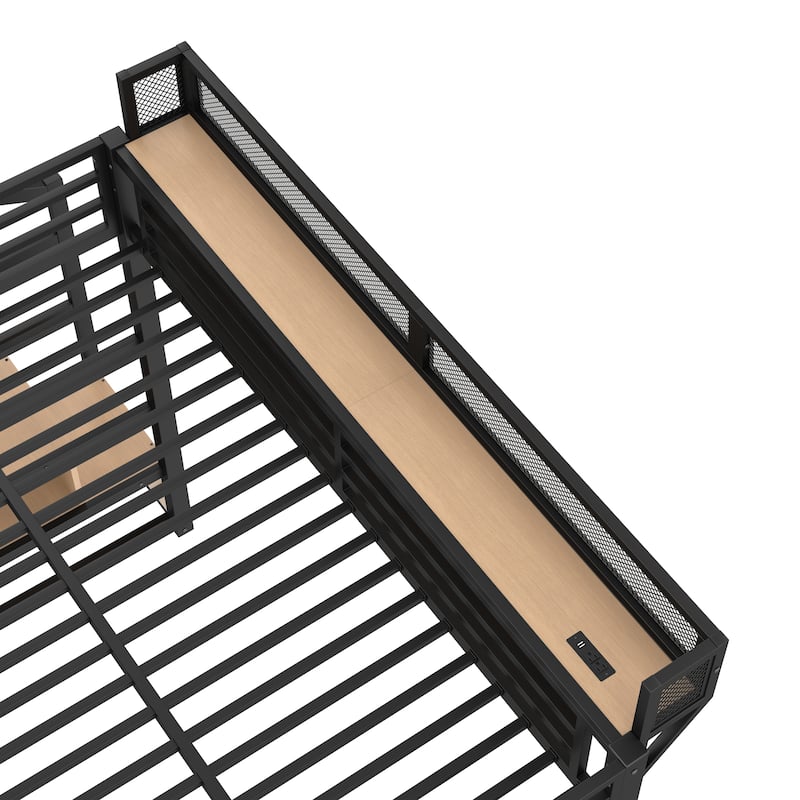 Full Loft Bed with Storage Stairs, Shelves and Built-in Wardrobe, Metal Loft Bed Frame with USB Ports and LED Lights