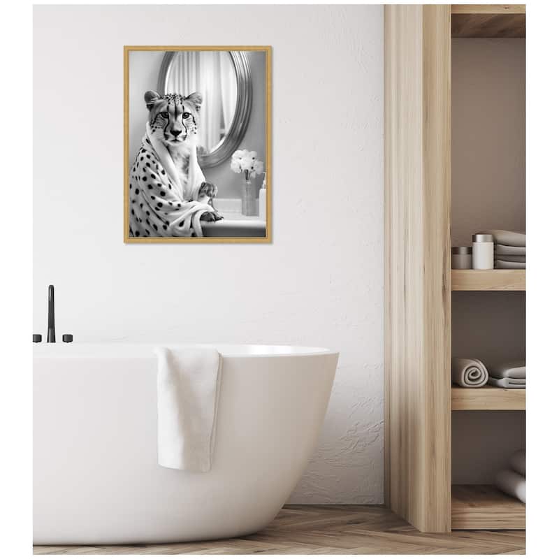 Kate and Laurel Sylvie Cheetah Glam Bathroom Towel Robe Black and White Framed Canvas by The Creative Bunch Studio