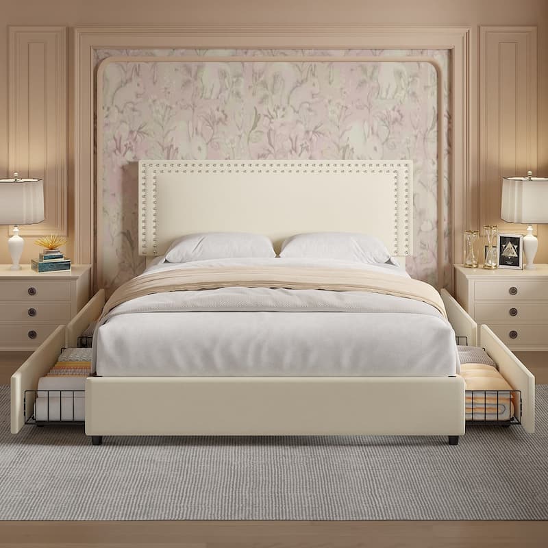 VECELO Upholstered Storage Bed Frames with 4 Storage Drawers Platform Bed Frame with Adjustable Velvet Rivets Headboard