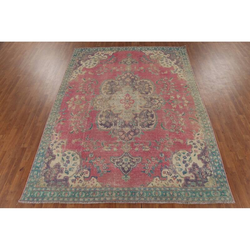 Pink Tabriz Persian Antique Area Rug Handmade Wool Carpet - 7'5"x 10'1"