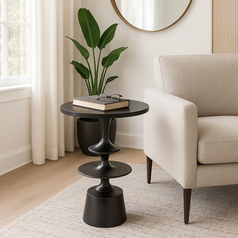 Accent Side Table with Polished Marble Top and Curved Base - 25" - Black - 16" x 16" x 25.25"