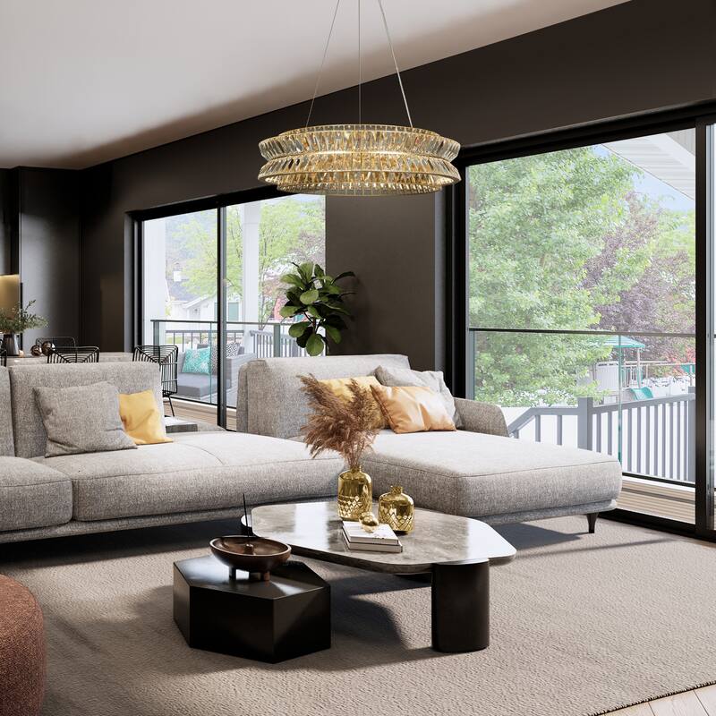 Modern Glam Dimmable 2-Tired LED Wheel Drum Crystal Chandelier Gold for Dining Room Bedroom - 23.5" D*10"-77" H