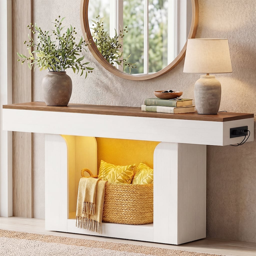 63'' W Farmhouse Console Table with Chaging Station, Thick Sofa/ Entryway Table with Storage Shlef