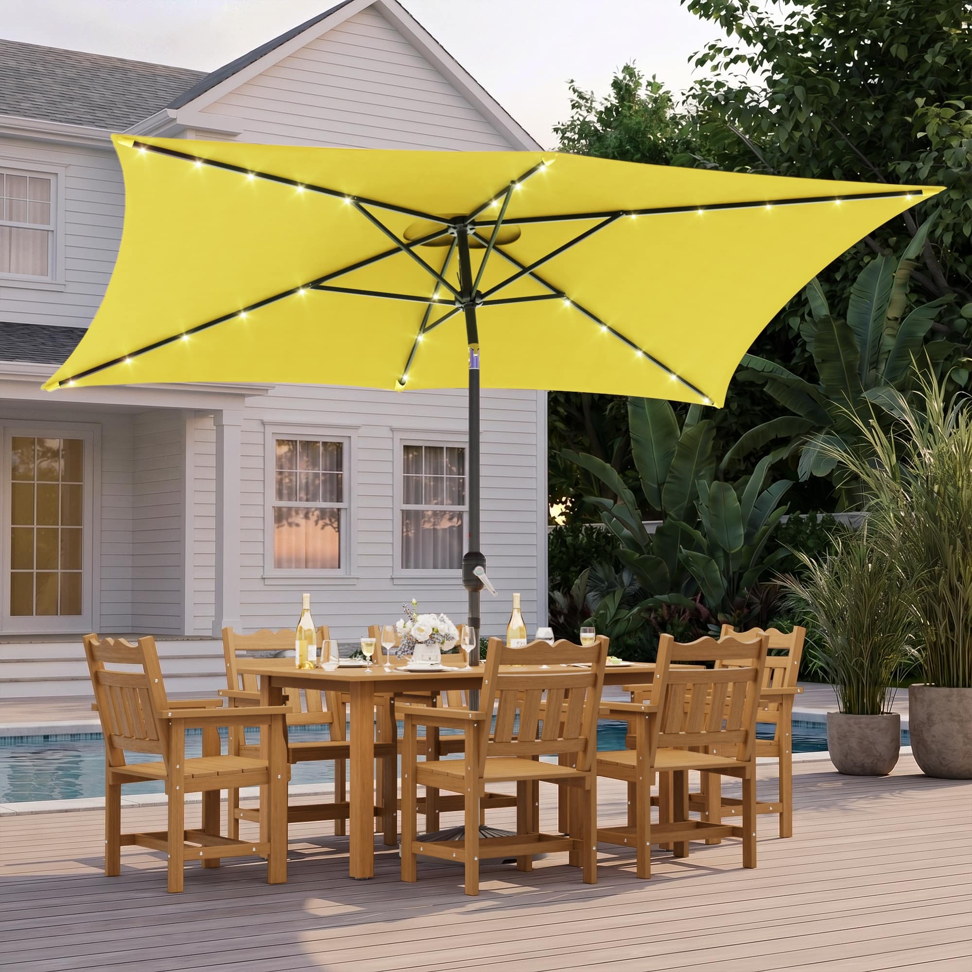 free standing umbrellas for patio EliteShade USA 10-Year-Non-Fading 9ft 3-Tier Market Umbrella, Commercial Grade Outdoor Table Umbrella with Crank Open, Windproof & UPF 50+ UV Protection, Heavy Duty Ventilation Garden, Deck, Pool, Backyard If your umbrella comes with its own light Simenmax 10ft Solar Patio Umbrella