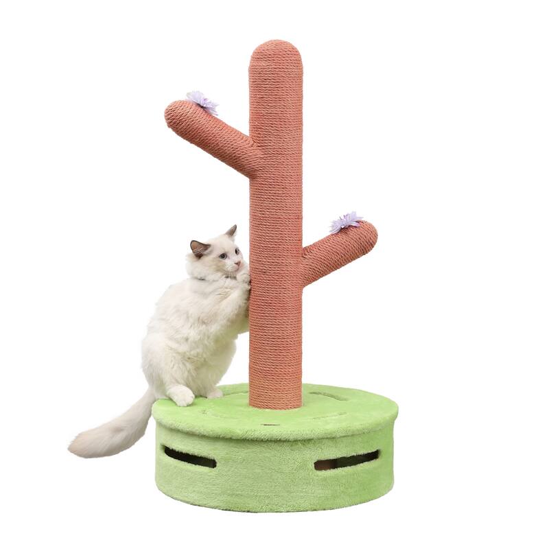 Rosa 36" Modern Jute Cactus Cat Scratching Post with Flower Toys and Built-In Bell Toys, Pink/Green