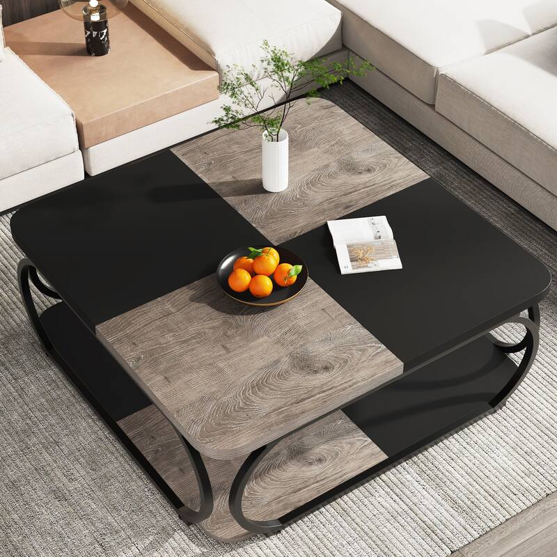 2-tier Square Coffee Table with Curved Metal Frame for Living Room