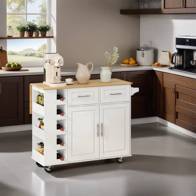 Multi-Functional Kitchen Island Cart with 2 Door Cabinet and Wine Rack - N/A