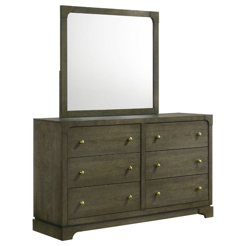 Seon Wide Dresser with Mirror, 6 Drawers, Cocoa Brown, Brass Knobs