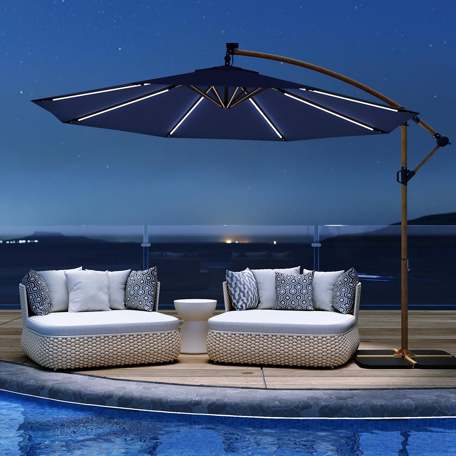 blue solar lighted patio umbrella Outsunny with LED Lights for Pool, Deck & Garden shaped sectional with side table Best Choice Products 10ft Solar