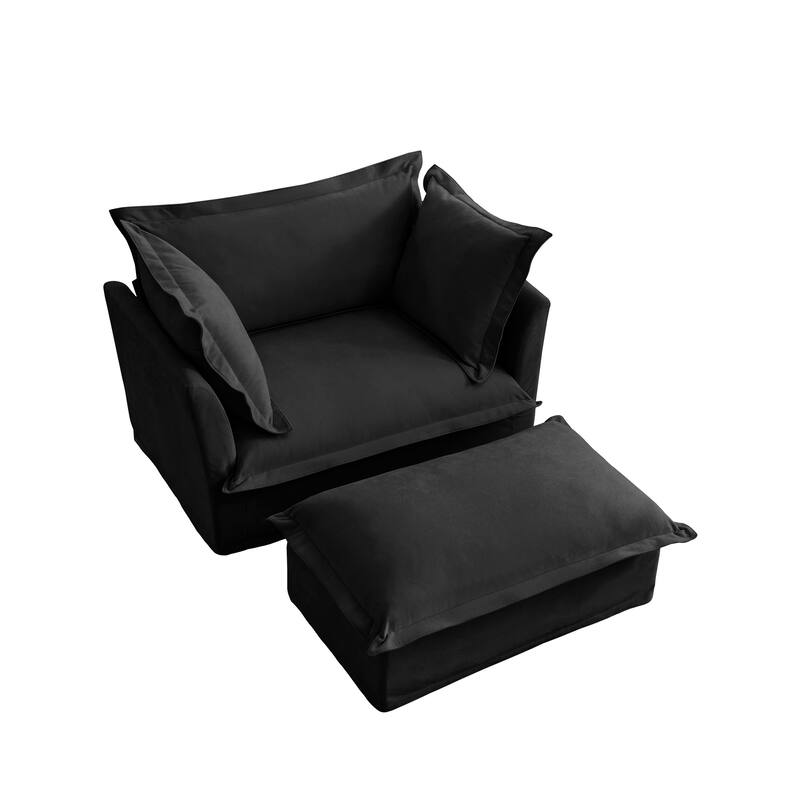 Upholstered Slipcovered Armchair with Ottoman, Deep Seat Armchair W/ Wide Ottoman for Living Room