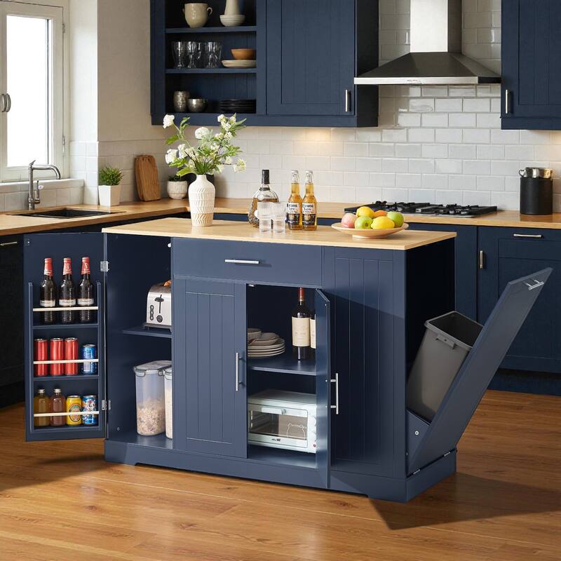 53" Modern Farmhouse Kitchen Island with Drawer, Tilt-Out Trash Can Storage, Adjustable Shelves & Spice Rack for Kitchen