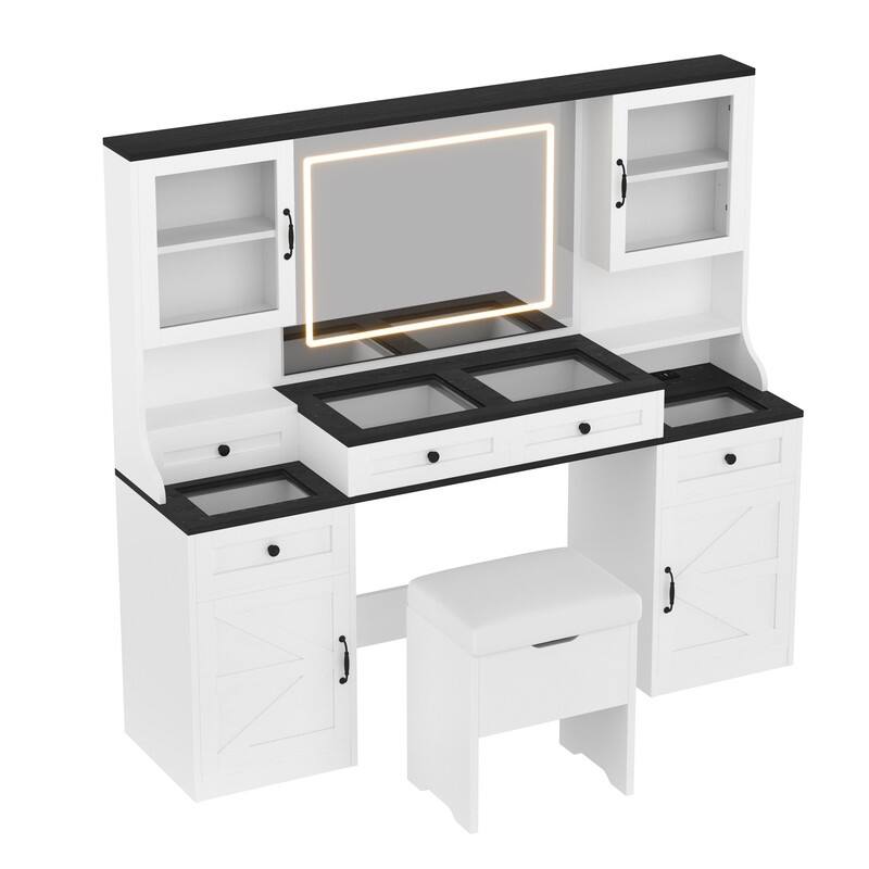 Large Makeup Vanity Desk with Mirror & Lights, Glass Top Vanity Set with Charging Station & Cabinets, Dressing Table with Stool