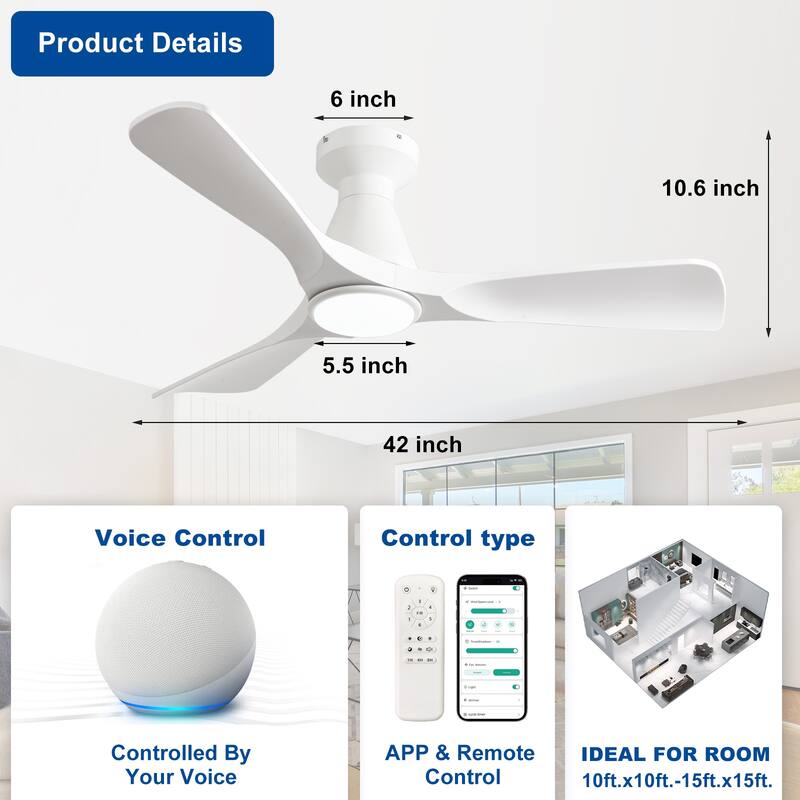 Ceiling Fans with Lights and APP: Flush Mount Low Profile Ceiling Fan for Bedroom - Dimmable Indoor Outdoor Fan