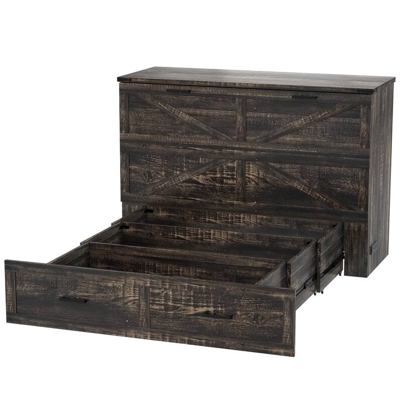 Queen Murphy Bed with Charging Station,Farmhouse Murphy Cabinet Bed with Large Storage Drawer,Hideaway Foldable Platform Bed