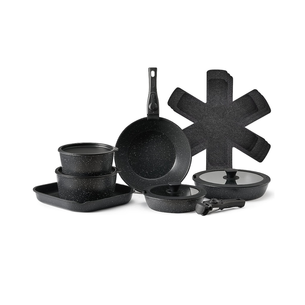 Aluminum 17 Piece Cookware Set with Detachable Handles and Non-Stick Coating