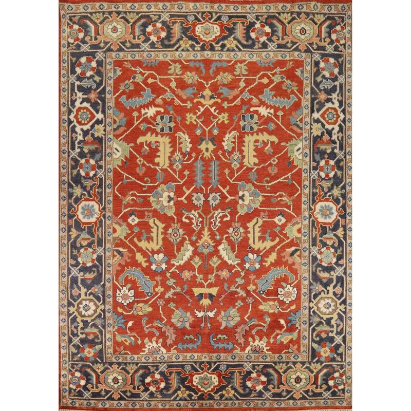 Hand Knotted Oriental 100% Wool Carpet Traditional All-Over Oranges & Rust Heriz (serapi) Area Rug - 9' 9'' X 8' 0''