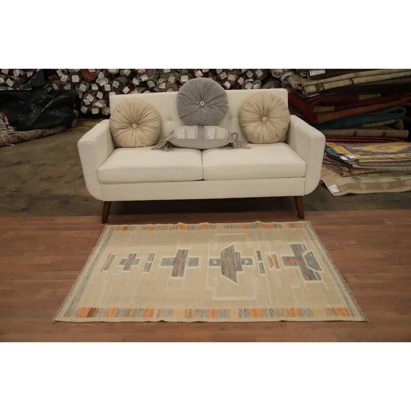 Hand Woven Oriental 100% Wool Carpet Southwestern Tribal Beige & Ivories Kilim Area Rug - 4' 8'' X 3' 4''