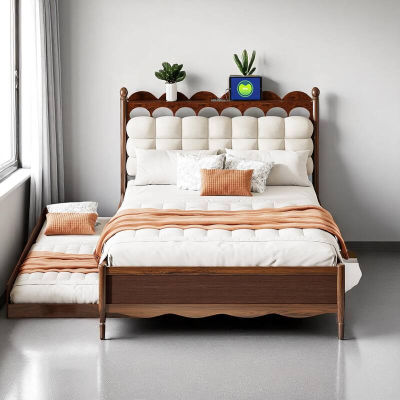 Queen Platform Bed with Trundle, 2 Big Drawers, USB & Power Outlets for Extra Storage