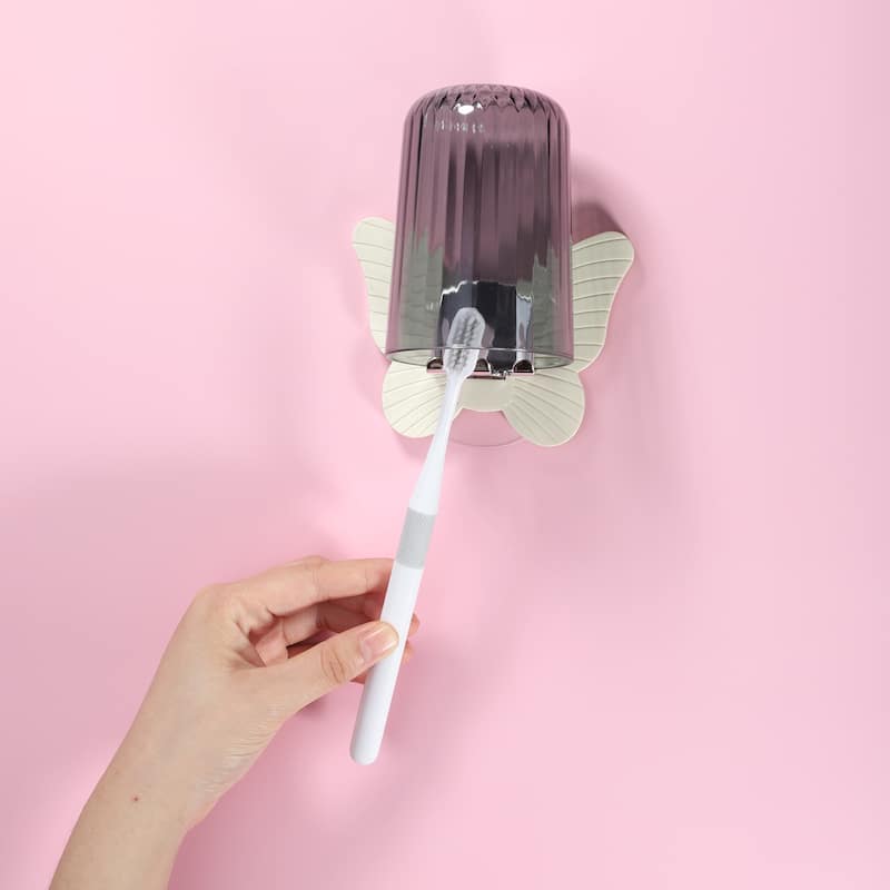1 Set Wall Mounted Toothbrush Holder, Cute Hanging Toothbrush Holder with Cup, Beige, 4.33"x3.35" - Beige
