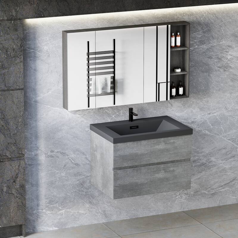 36" Wall-Mounted Floating Vanity with Premium Quartz Sand Basin, Grey Modern Storage Cabinet
