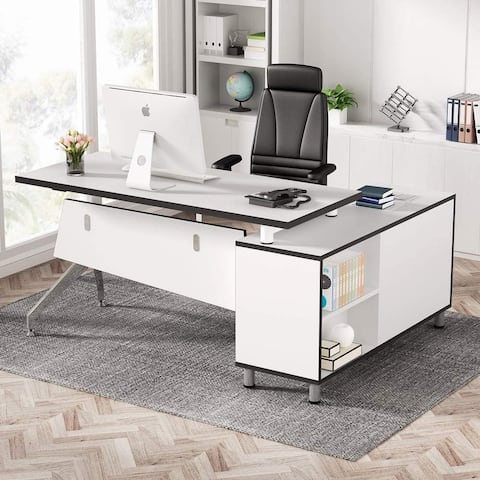 Modern L-Shaped Office Desk with File Cabinet, 55 inch Large Corner Computer Desk