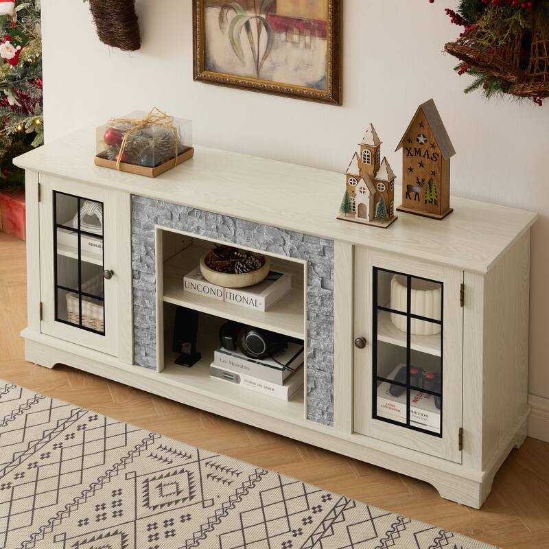 Classic TV Stand Entertainment Center for up to 65" TVs, Faux Stone Media Console Cabinet for Living Room