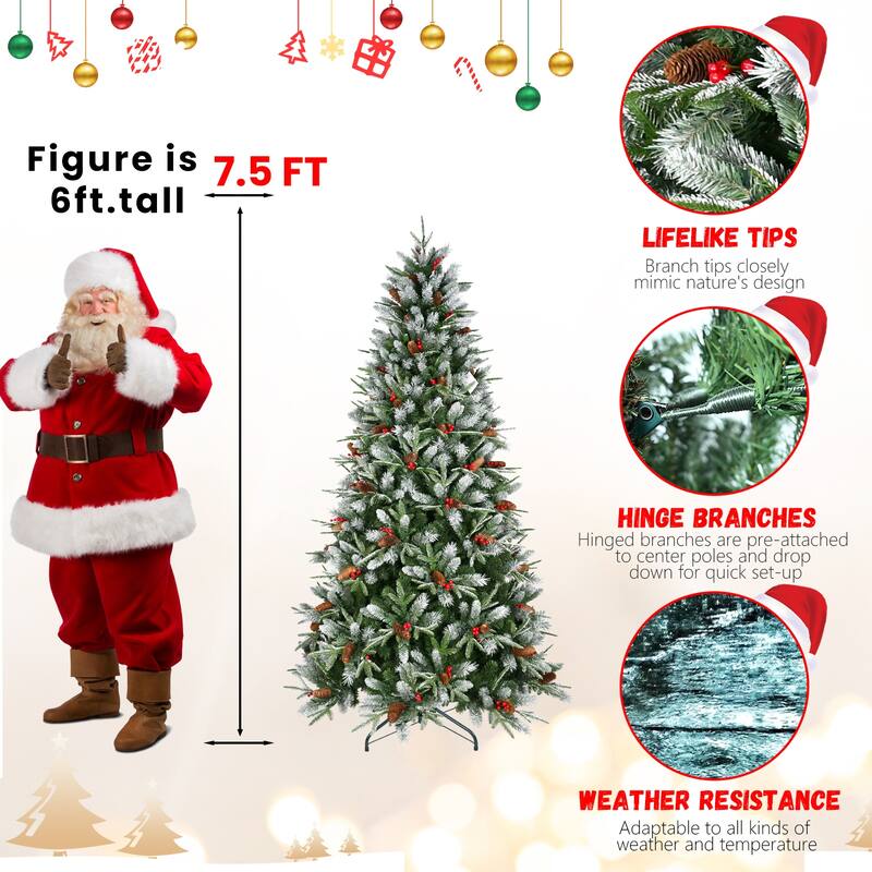 Artificial Christmas Tree - Snow-Dusted PE/PVC Branches, Red Berries, Pine Cones, Metal Stand - Green,White