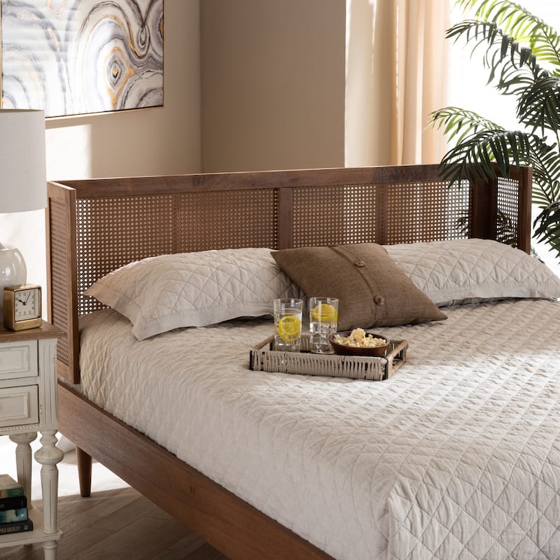 Mid-Century Modern Ash Walnut Wood and Synthetic Rattan King Size Wrap-Around Headboard, Bohemian Charm