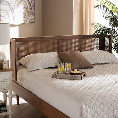 Mid-Century Modern Ash Walnut Wood and Synthetic Rattan King Size Wrap-Around Headboard, Bohemian Charm