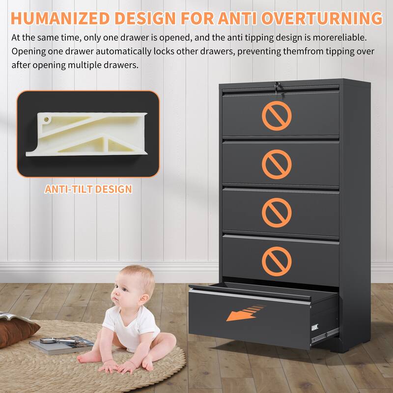 5 Drawer Metal Lateral File Cabinet, Filing Cabinet with Lock, Lockable File Cabinet for Home Office