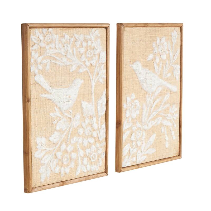 Wood Bird Home Wall Decor with White Painted Floral Patterns - Set of 2 Brown - Roche River Decor