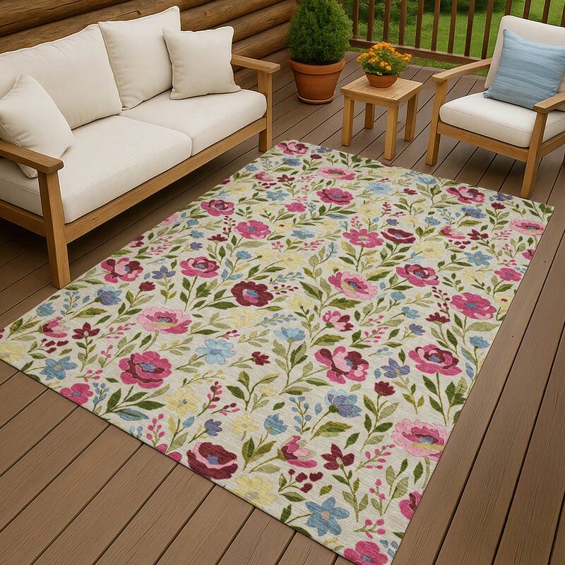 Machine Washable Indoor/ Outdoor Floral Garden Chantille Rug - Linen - 8' x 10'