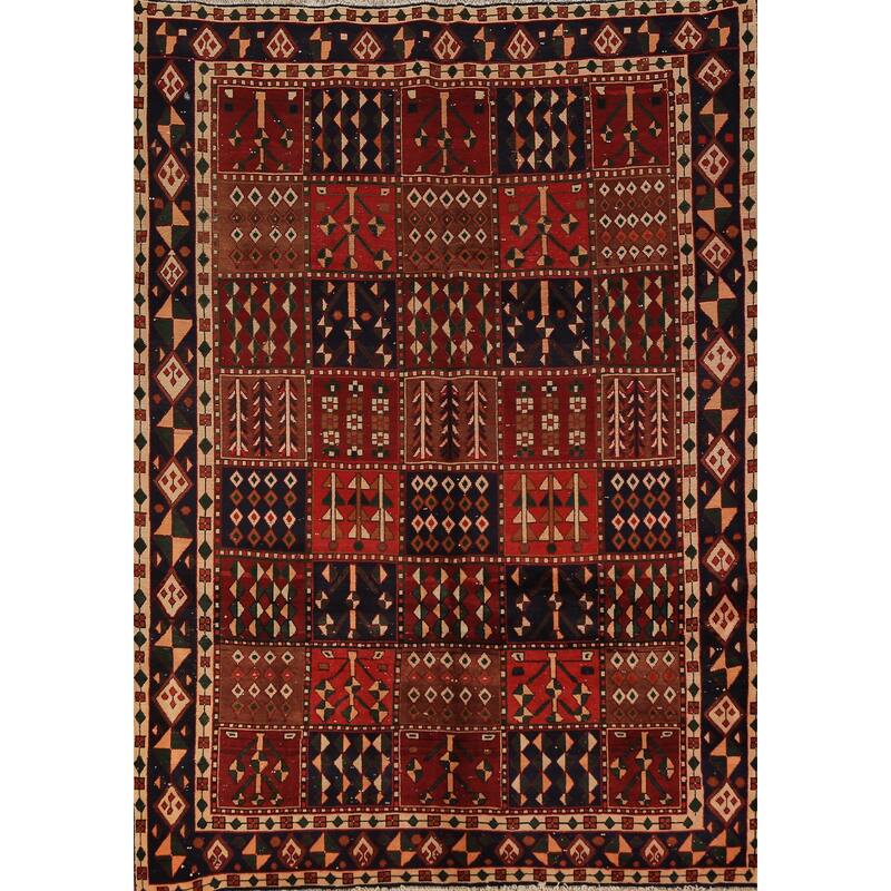 Red Geometric Bakhtiari Persian Vintage Rug Handmade Wool Carpet - 6'9" x 9'4"