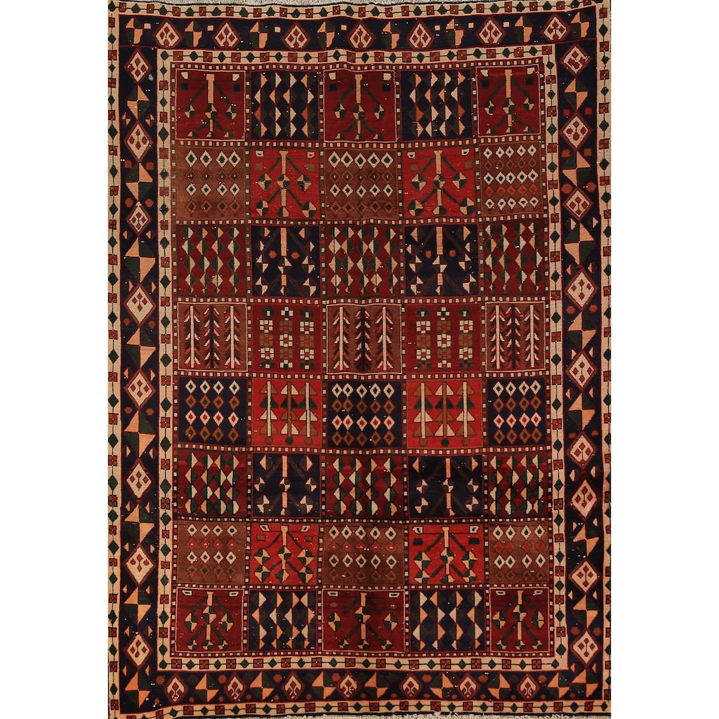 Red Geometric Bakhtiari Persian Vintage Rug Handmade Wool Carpet - 6'9" x 9'4"