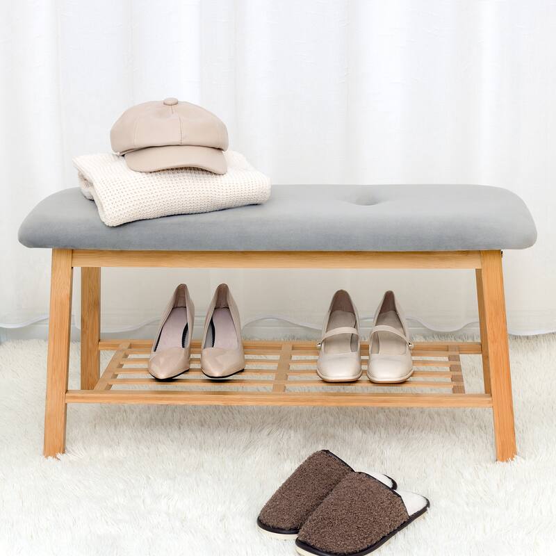 StorageWorks Tufted Bench, Entryway Bench with Shoe Storage Shelf - 36.22"x13.78"x17.72" - Gray